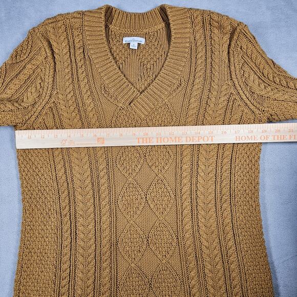 LL Bean Signature Sweater Womens Small Cable Knit Fisherman Tunic V-Neck Mustard - Picture 8 of 11
